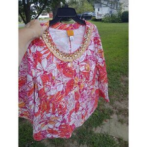 Jean Jacket Ruby Rd 20W Snaps Beads Straw Tropical Floral Pink Orange White